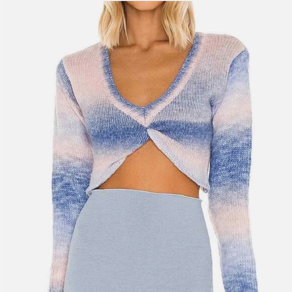For Love & Lemons Celeste Twist Front Crop Sweater Women’s S Soft Cozy Blue Pink - Picture 1 of 6
